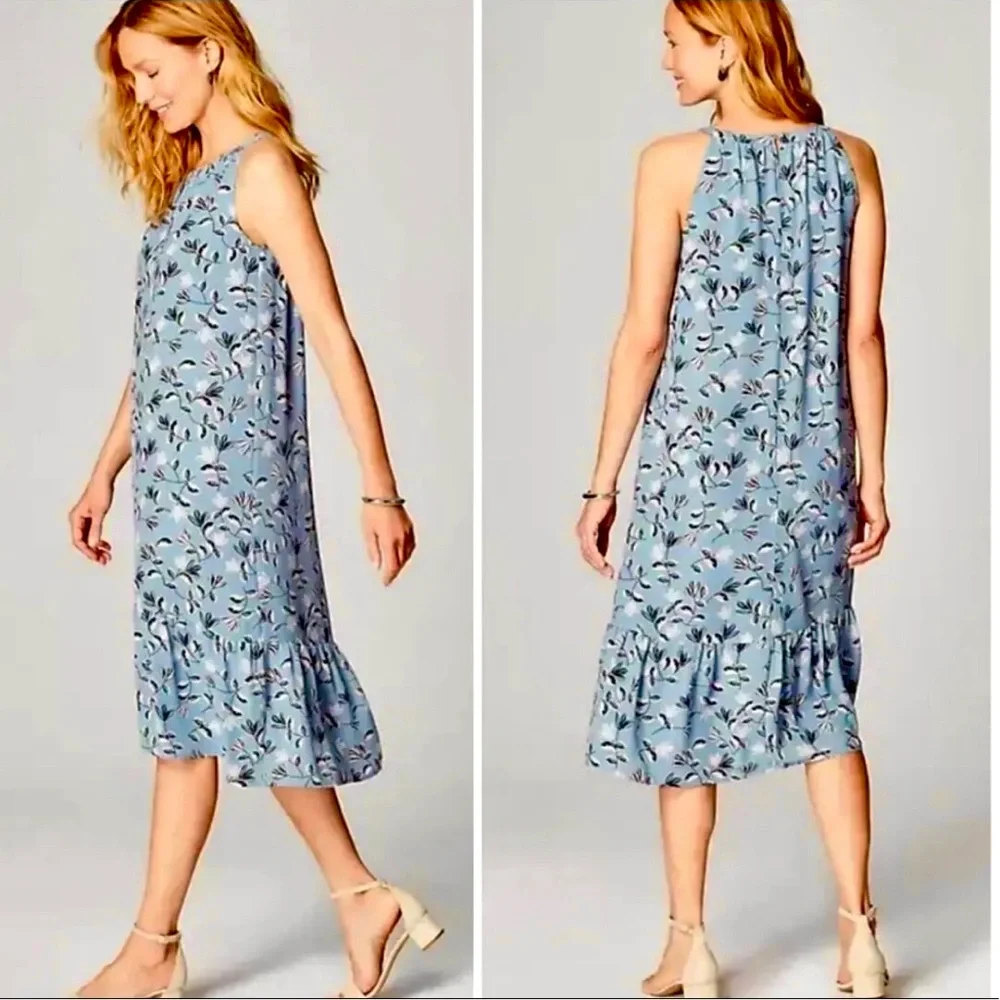 J Jill Wearever Floral Blue Flounce Hem Dress Size M